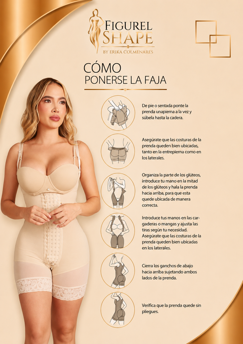 High-compression, knee-length full-body shapewear featuring four adjustable hook-and-eye closures, built-in bust support, and a butt-lifting design. Ideal for Stage 3 post-operative recovery, providing firm compression, support, and body shaping.