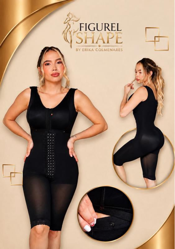 High-compression, knee-length full-body shapewear featuring four adjustable hook-and-eye closures, built-in bust support, and a butt-lifting design. Ideal for Stage 3 post-operative recovery, providing firm compression, support, and body shaping.